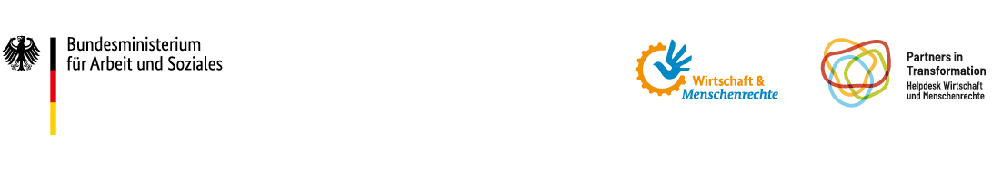 Kopfzeilen-Grafik mit drei Logos: Links das Logo des Bundesministeriums für Arbeit und Soziales (Bundesadler mit schwarz-rot-goldenem Balken und Schriftzug). Rechts daneben das orange-blaue Logo ‚Wirtschaft & Menschenrechte‘ mit stilisierter Hand in einem Zahnrad. Ganz rechts das farbige, verschlungene Linienlogo von ‚Partners in Transformation – Helpdesk Wirtschaft und Menschenrechte‘.