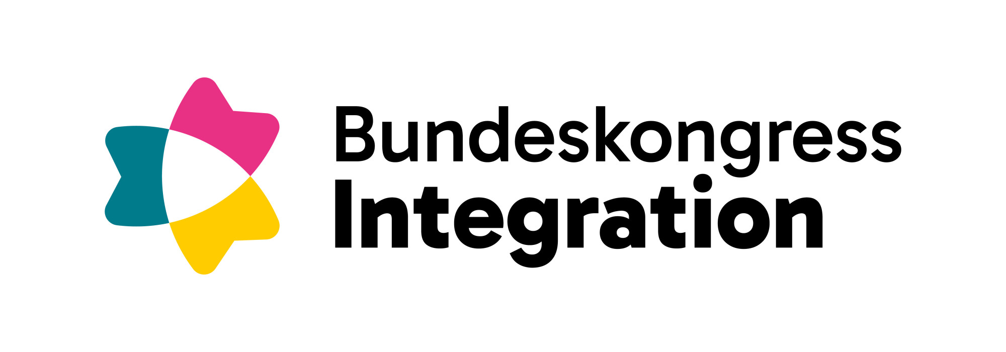 Logo des Bundeskongress Integration: schwarzer Schriftzug auf hellem Hintergrund neben einem abstrakten, vierfarbigen Symbol in Türkis, Pink, Gelb und Weiß